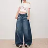 Calça Jeans Lavada Estilo Americano Scimitar para Mulheres, Lançamento Inverno 2025, Solta, Casual, Reta, Perna Larga, Caimento Fluido, Comprimento no Chão, Tendência
