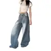 Jeans casual americano retrô de cor clara com efeito desgastado para mulheres, design de primavera, marca da moda, calça longa larga solta lavada