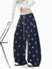 Calças largas de cintura alta com cordão e estampa de estrelas estilo americano para mulheres, calças compridas retas folgadas, calças casuais de verão que não expõem as pernas