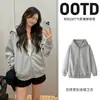 Cinza estilo coreano soltinho feminino outono 2026 nova coleção: cardigã com zíper, oversized, jaqueta moletom com capuz relaxada