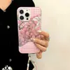 Padrão Floral Xadrez Adequado para Capa de Celular iPhone 17 Pro Max, Estilo de Luxo Feminino, Capa Protetora Apple 16 com Cordão, 15