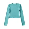 Ombligo Cuello Pequeño Hilo Agujero Raya Manga Larga Ajustado Corto Cintura Alta Color Sólido Camiseta Base Top Camiseta para Mujer