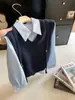 Colete de tricô em camadas estilo coreano faculdade para mulheres, novo conjunto de duas peças outono 2026, camisa com gola virada vintage, moderno