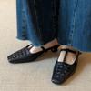 Mules Cuadrados Tejidos Retro, Correas Versátiles en Forma de T, Sandalias de Exterior con Punta Descubierta