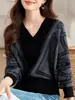 Suéter de Punto Burdeos para Mujer 2026 Nuevo Primavera y Otoño Cuello en V Holgado Relajado Suéter Bloque de Color con Estilo Perezoso y Sensación de Alta Gama
