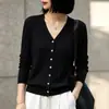 Cardigan de Tricô com Nó de Bambu e Linho com Decote V Feminino 2026 Outono/Inverno Novo Estilo Cor Sólida Solto Versátil Casaco Cardigan de Tricô de Lã Feminino