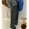 Pantalones Casuales Rectos a Rayas de Contraste Blanco y Gris para Mujer, Forro Polar de Invierno, Diseño Retro, Pantalones Largos Sueltos de Pierna Ancha A9093