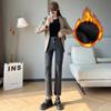 Jeans rectos gruesos de cintura alta con forro polar para mujer, invierno, holgados, adelgazantes, tipo tubo de humo pequeño, pantalones exteriores
