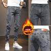 Jeans outono e inverno masculino pé pequeno forrado com fleece nova moda stretch cinza casual calça comprida