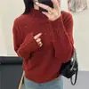 Suéter de punto hueco con pedrería y cuello alto a medio para mujer, nuevo de moda Otoño/Invierno, holgado, versátil, camisa base de punto, top elegante