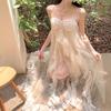 Vestido de Tirantes de Gasa con Volantes de Hada para Mujer Verano Francés Asimétrico Malla Hada Vacaciones Falda Larga