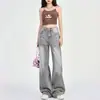 Jeans estilo retro color gris moca para mujer, pantalones de pierna ancha de cintura alta a la moda que cubren las caderas, pantalones largos hasta el suelo que te hacen ver más alta y delgada.