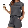 Verão 2026 Novo Amazon Comércio Exterior Transfronteiriço Moda Europeia e Americana Conjunto Casual Listrado de Top e Shorts Cor Sólida para Mulheres