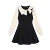 Vestido de otoño transfronterizo con lazo, mangas abullonadas y bloques de color para mujer, elegante vestido de línea A con cinturón ceñido, estilo francés, venta al por mayor
