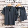 Comércio exterior verão estilo chinês masculino manga curta shorts terno algodão linho cor sólida masculino simples camiseta conjunto de duas peças