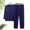 Pijama para hombre, modal fino, manga larga, pantalones, primavera/verano, otoño, casual, talla grande, cuello redondo, traje para estar en casa