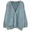 Cardigan de Punto Coreano Nuevo de Botones Sencillos Cuello en V Suéter Estilo Perezoso Color Sólido Versátil Estilo Hong Kong Chaqueta Holgada