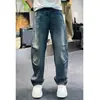 Jeans Casuais Estrutura Jeans Lavado Vintage Outono Retrô Azul de Perna Reta Resistente Design Lavado Semielástico Perna Reta