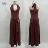 Sitio Web Independiente Ropa de Mujer Europea y Americana Verano Cuello Halter Espalda Descubierta Ajustado Color Sólido Vestido Largo Sexy con Abertura
