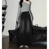 Pantalones Anchos de Pierna Recta con Gradiente Retro Negro y Gris con Pedrería, Cintura Alta y Cordón, Jeans Estilo Callejero Adelgazantes, Pierna Recta Holgada, Largo hasta el Suelo