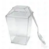 Amazon Em Estoque Copo Quadrado Trapezoidal de Plástico 120ml Copo de Sobremesa 4oz com Tampa e Colher Copo para Mousse