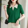 Salida de Liquidación Mostrador Retira Suéter de Hilo de Seda de Hielo Holgado con Cuello de Marca para Mujer, Elegante Camiseta de Manga Corta de Verano