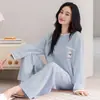Pijama Nuevo para Mujer 2026 para Primavera y Otoño, Algodón Puro, Manga Larga, Talla Grande, Rayado, Casual, Holgado, Adecuado para Usar al Aire Libre, Conjunto de Ropa para el Hogar