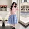 Elegante Conjunto de Dos Piezas de Verano Estilo Coreano con Estampado de Letras, Manga Corta, Casual, Personalidad, Dulce, Delgado, con Encaje, para Niños Medianos y Grandes