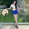Conjunto Dopamina para Férias na Praia na Tailândia para Mulheres: Conjunto de Duas Peças com Camisa Curta Amarrada na Frente e Saia Azul de Cintura Alta