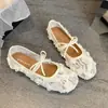 Sapatos estilo Mary Jane de fada com laço e tira elástica, sapatos de tela single para mulheres, versão coreana de verão, boca rasa, sapatos de tela de sola macia e plana