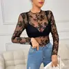 Lencería Sexy de Encaje Europeo y Americano para Mujer, Bordado Floral, Top de Malla Transparente de Manga Larga, Suministro Transfronterizo Amazon Temu