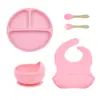 Atacado transfronteiriço infantil silicone louça babador tigela suplementar garfo colher bebê conjunto de cinco peças anti-queda produtos para mãe e bebê conjunto