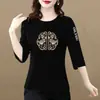 Camiseta de manga siete para mujer de comercio exterior transfronterizo, ropa para madres de mediana edad, talla grande holgada, que oculta la barriga, adelgazante, elegante, top que reduce la edad