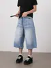Pantalones cortos holgados de mezclilla nirben estilo retro americano lavado, jeans cropped, pantalones de pierna ancha de verano para hombre, pantalones de longitud media