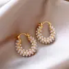 Brincos de Argola Oval com Pérola Banhados a Ouro Real Brincos Elegantes Exquisitos Franceses Luxo Leve Alta Costura Moda Brincos Elegantes