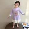 Camisola de Manga Comprida para Meninas de Meia-Idade e Mais Velhas, Vestido Fino para Primavera e Outono, Roupa de Casa Soltinha para Crianças, Pijama de Desenho Animado para Usar por Cima