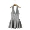 2025 Primavera y Verano Nuevo Estilo Elegante Empalmado Halter Vestido para Mujer Cuello en V Profundo Vestido Plisado Vestido de Falda Corta