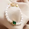 Pulsera Geométrica de Metal con Joya de Diamante y Joyería de Mano de Perlas