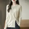 Suéter de Punto de Lana Fina con Cuello Redondo, Estilo Nuevo 2026, Diseño Elegante, Abertura Lateral, Color Sólido, Corte Holgado, Prenda Base