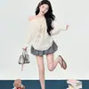 Blusa estampada con hombros descubiertos para protección solar para mujer, delgada, moderna y versátil, camiseta de manga larga de largo medio, tendencia transfronteriza dulce y picante
