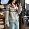 Cardigã de tricô Fair Isle, pesado, grosso, com gola redonda, feito de 100% lã, uma peça de outer wear estilosa e da moda para mulheres