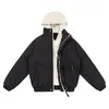 Chaqueta de algodón con relleno de plumón de dos piezas falsas con capucha, talla europea, logo personalizable, estilo pareja, holgada, engrosada, abrigo de algodón para hombre