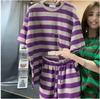Conjunto de camiseta de manga corta a rayas para mujer Manga corta Verano 2025 Nuevo Holgado talla grande Pantalones cortos de pierna ancha Conjunto de dos piezas para comercio exterior