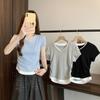 Camiseta de Manga Curta com Cintura Plissada Colorida Falsa Peça Dupla Feminina Verão Estilo Coreano Slim Fit Curta Decote V