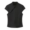 Comercio exterior transfronterizo al por mayor de ropa de mujer de estilo europeo y americano, blusa de satén de seda de moda y elegante estilo chino con decoración de botones laterales
