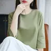 Camiseta de Algodão Penteado com Gola Redonda e Manga Três Quartos para Mulheres, Novo Estilo Primavera e Outono, Camiseta Base de Algodão Casual Elegante, Top Interno Respirável