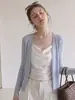 Cárdigan protector solar morado suave y ligero estilo francés para mujer, chaqueta exterior de verano fina de seda helada y lino con chaqueta de punto de cuello en V