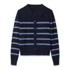 Cárdigan de punto para mujer con cuello POLO color block estilo náutico, rayas azules y blancas, top de cuello solapa para principios de otoño, chaqueta suéter versátil