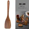 Juego de espátulas de teca para cocinar, espátula de madera de acacia con mango largo, espátula para sartenes antiadherentes, cucharón de sopa de madera, vajilla, utensilios de cocina