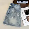 Shorts jeans de cintura alta com pérolas e strass quentes, estilo sereia, design moderno, saia curta feminina de verão nova, corte A, emagrecedor, hot girl